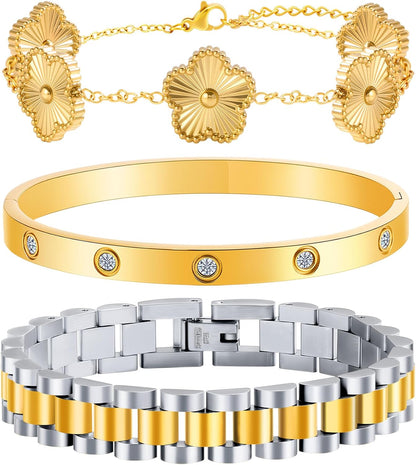 18K Gold Clover Bracelet for Women - Stackable Crystal Love Bangle & Friendship Link Bracelets, Non-Tarnish Stainless Steel Trendy Jewelry Gift with Adjustable Tool