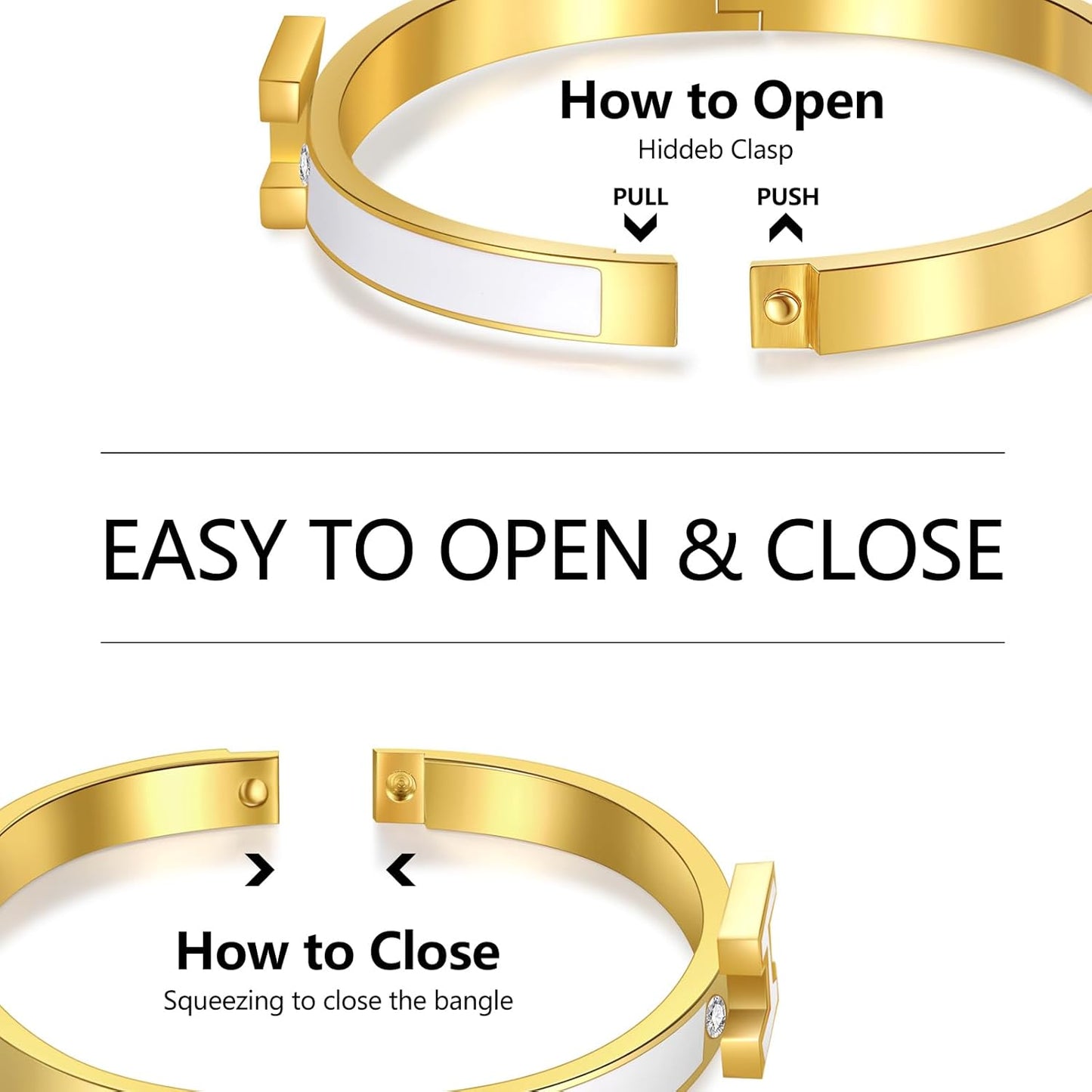 H Bracelet for Women - 18K Gold Plated Titanium Steel Cuff | Cubic Zirconia Bangle Jewelry Gift, Simple & Durable Everyday Wear (S/M/L Size)