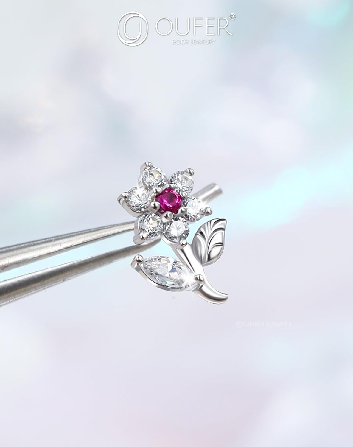 OUFER 925 Sterling Silver Nose Studs, Cute Flower Nose Rings for Women, L-Shaped Pink Clear CZ Nostril Piercing Jewelry-7Mm