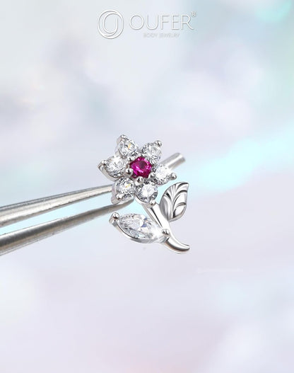OUFER 925 Sterling Silver Nose Studs, Cute Flower Nose Rings for Women, L-Shaped Pink Clear CZ Nostril Piercing Jewelry-7Mm