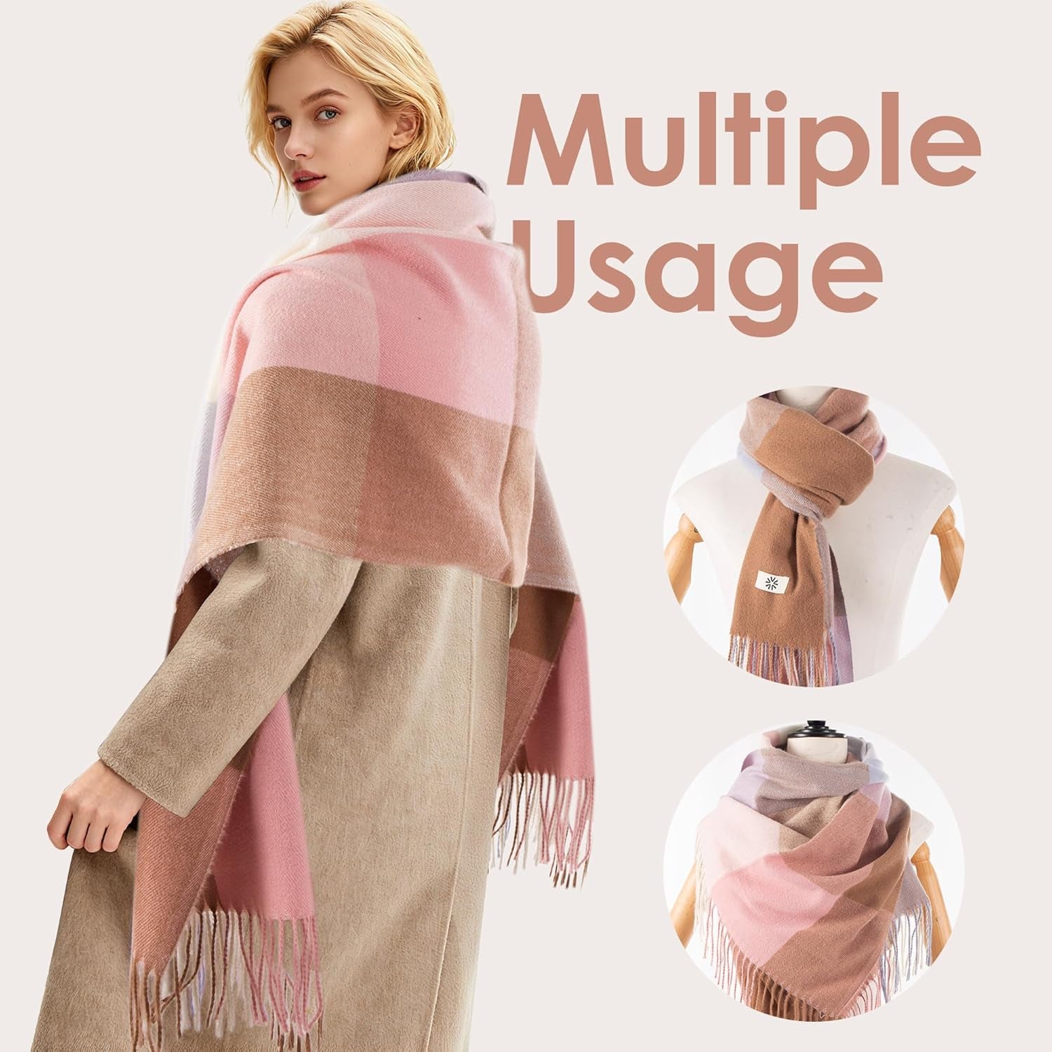 Women'S Winter Plaid Scarf Warm Thick Long Shawl Soft Knit Perfect Cold Weather Gift