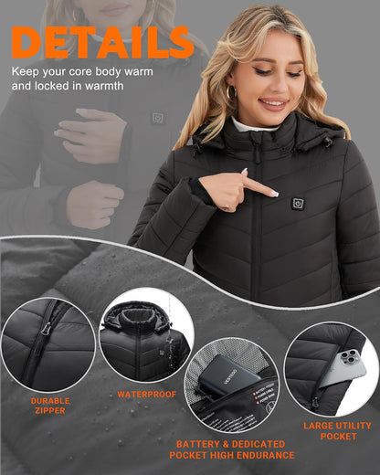 Six heating zones highlighted on women's heated coat