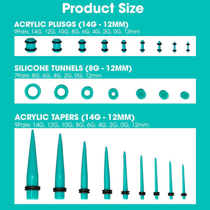 Acrylic, Silicone Ear Stretching Kit: Lightweight Tapers, Heart Tunnels & Plugs for Starter Expanders | Body Piercing Jewelry Earring Gauges Gauging Set for Men, Women (Size: 14G-0000G)