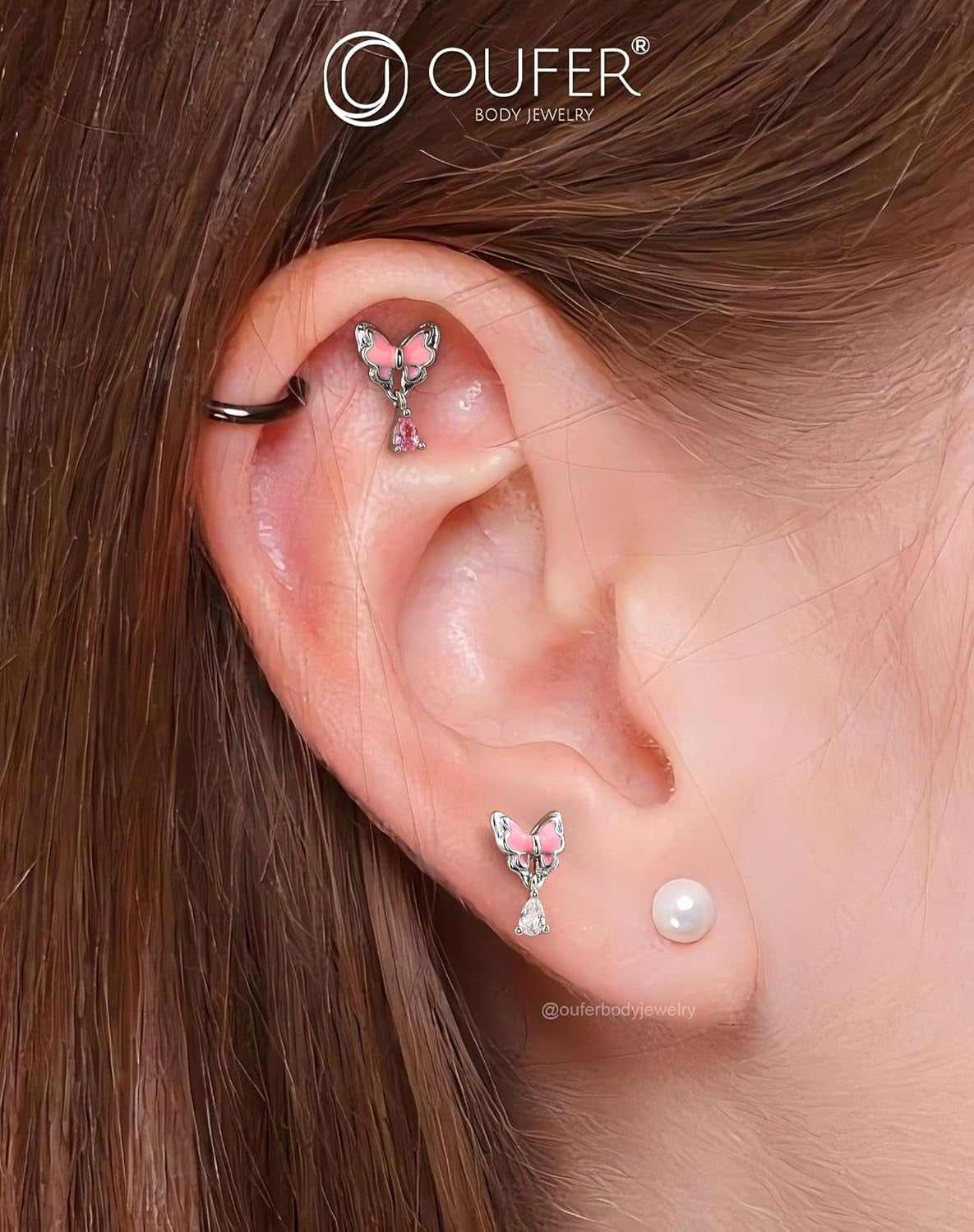 OUFER Pink Dangle Butterfly Cartilage Earrings Studs, Silver 16G Helix Earrings Flat Back Internally Threaded Helix Cartilage Tragus Piercing Jewelry for Women Men-6Mm