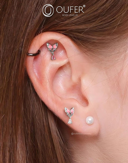 OUFER Pink Dangle Butterfly Cartilage Earrings Studs, Silver 16G Helix Earrings Flat Back Internally Threaded Helix Cartilage Tragus Piercing Jewelry for Women Men-6Mm