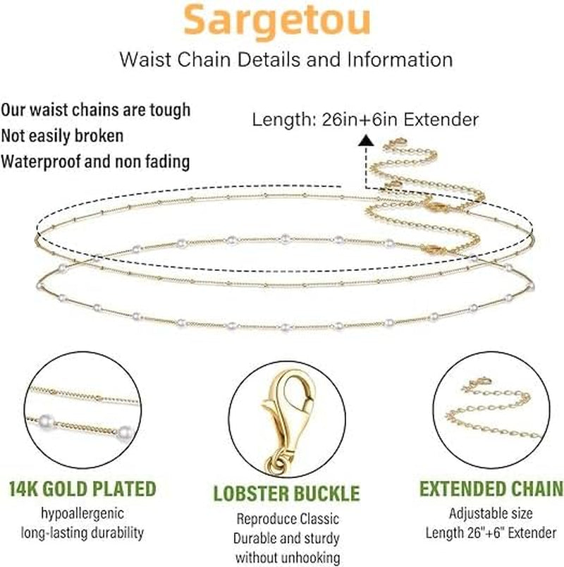 14K Gold/Sterling Silver Plated Waist Chain for Women Waterproof,Body Jewelry Chains Sexy Bikini 2PCS Belly Belt Beach Summer Gift Adjustable 26.5-33Inch