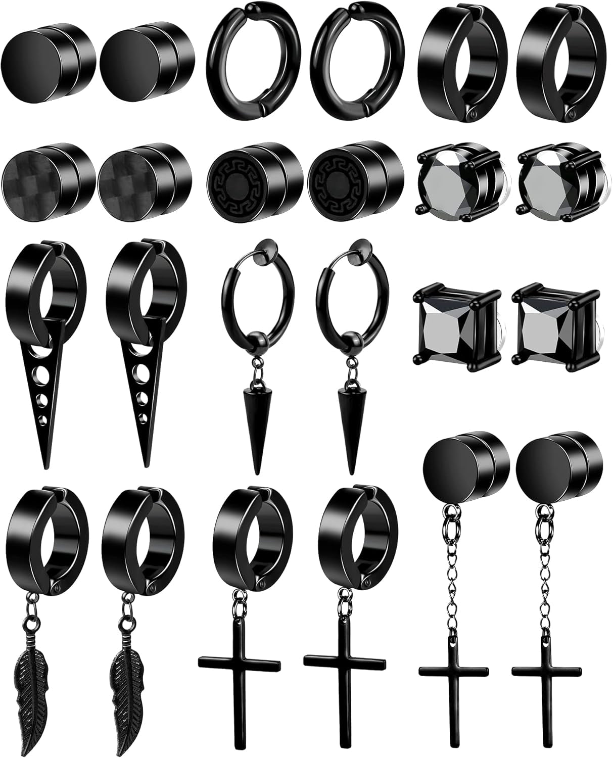 ONESING 12 Pairs Black Magnetic Earrings: Clip On, Hoop & Dangle Designs - Non-Piercing Set for Men & Women