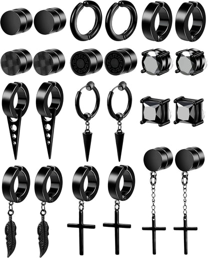 ONESING 12 Pairs Black Magnetic Earrings: Clip On, Hoop & Dangle Designs - Non-Piercing Set for Men & Women