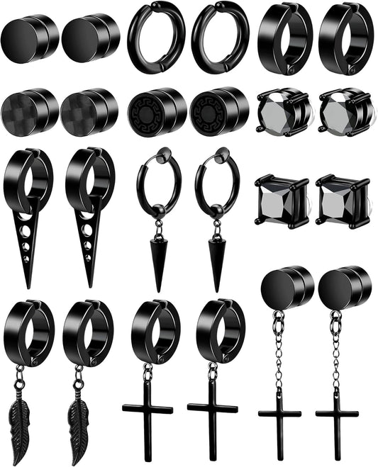 ONESING 12 Pairs Black Magnetic Earrings: Clip On, Hoop & Dangle Designs - Non-Piercing Set for Men & Women