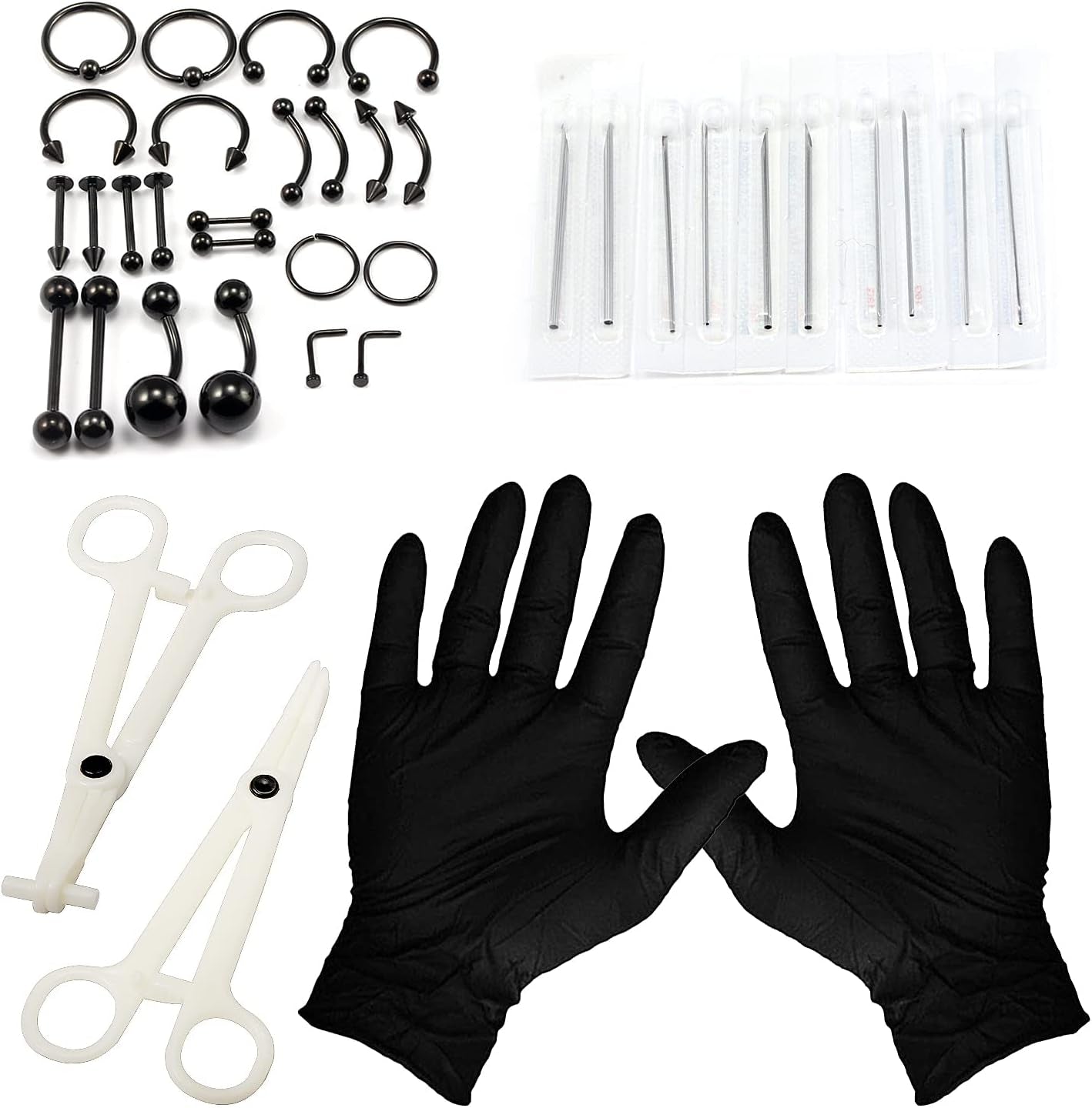 Vsnnsns Piercing Kit 316L Surgical Steel Body Jewelry Piercing Kit with 12G 14G 16G 18G 20G Piercing Needles Use for Nose Septum Lip Tongue Belly Eyebrow Rings Ear Piercing Kit Silver Black Rainbow