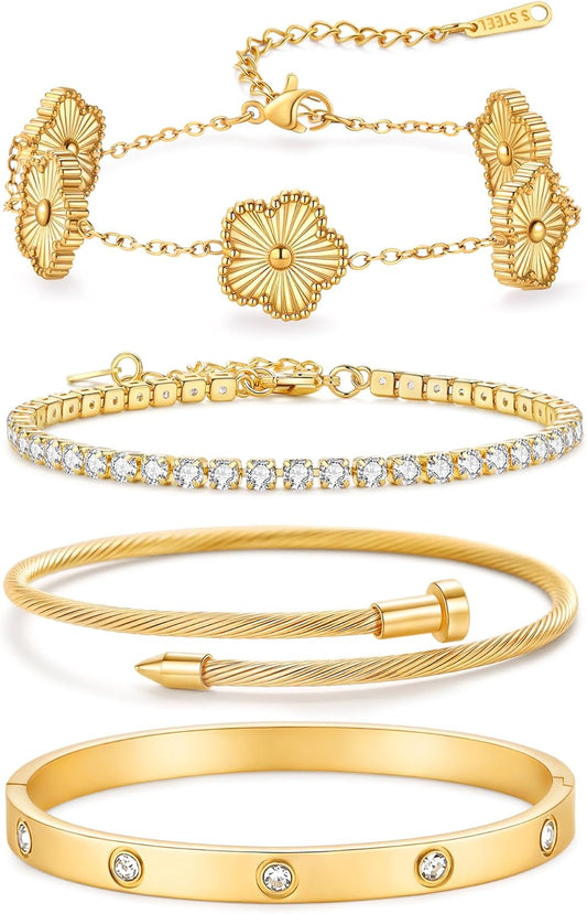 18K gold plated stackable bangle bracelets featuring nail tennis clover and love designs
