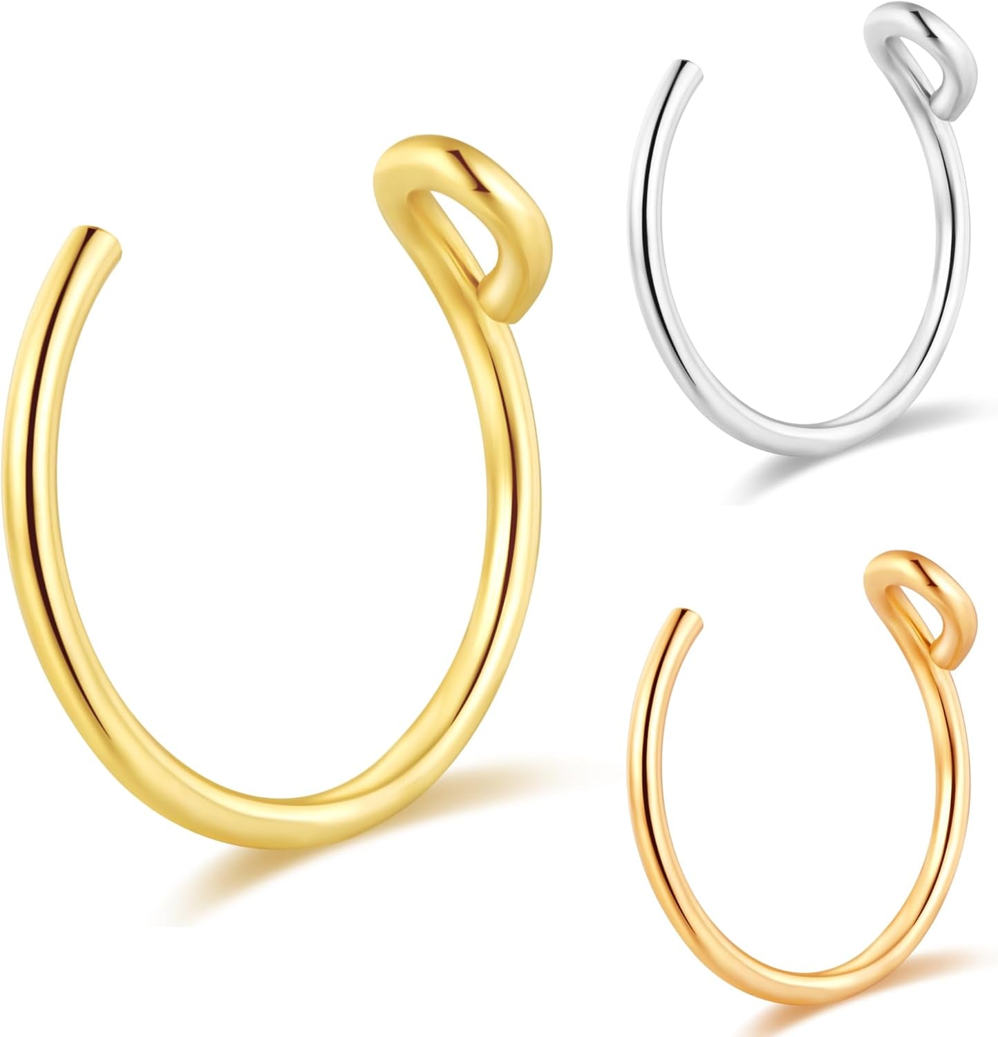Set of 3 - Fake Clip on Nose Ring Hoop for Women - No Piercing Needed Nose Cuff - 22 Gauge - 7Mm - Faux Nose Septum Ring - Gold, Sterling Silver, Rose Gold - 22G