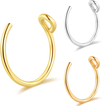 Set of 3 - Fake Clip on Nose Ring Hoop for Women - No Piercing Needed Nose Cuff - 22 Gauge - 7Mm - Faux Nose Septum Ring - Gold, Sterling Silver, Rose Gold - 22G