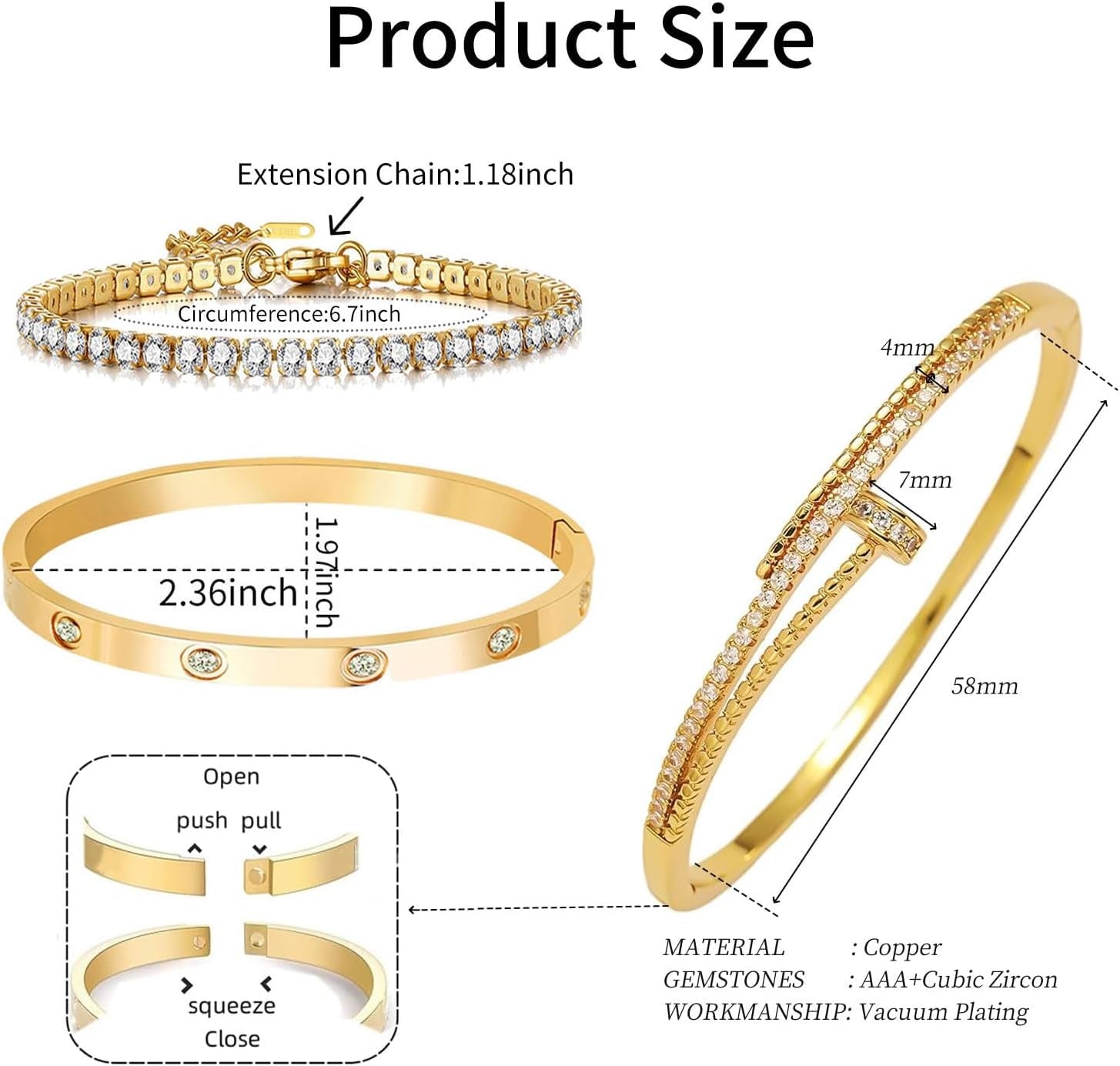 18K Gold Plated Tennis Bracelet Love Bangle Set for Women Stack Bracelets Stainless Steel Bangle Set for Love Trendy Jewelry Gifts for Women