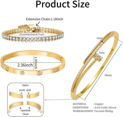 18K Gold Plated Tennis Bracelet Love Bangle Set for Women Stack Bracelets Stainless Steel Bangle Set for Love Trendy Jewelry Gifts for Women