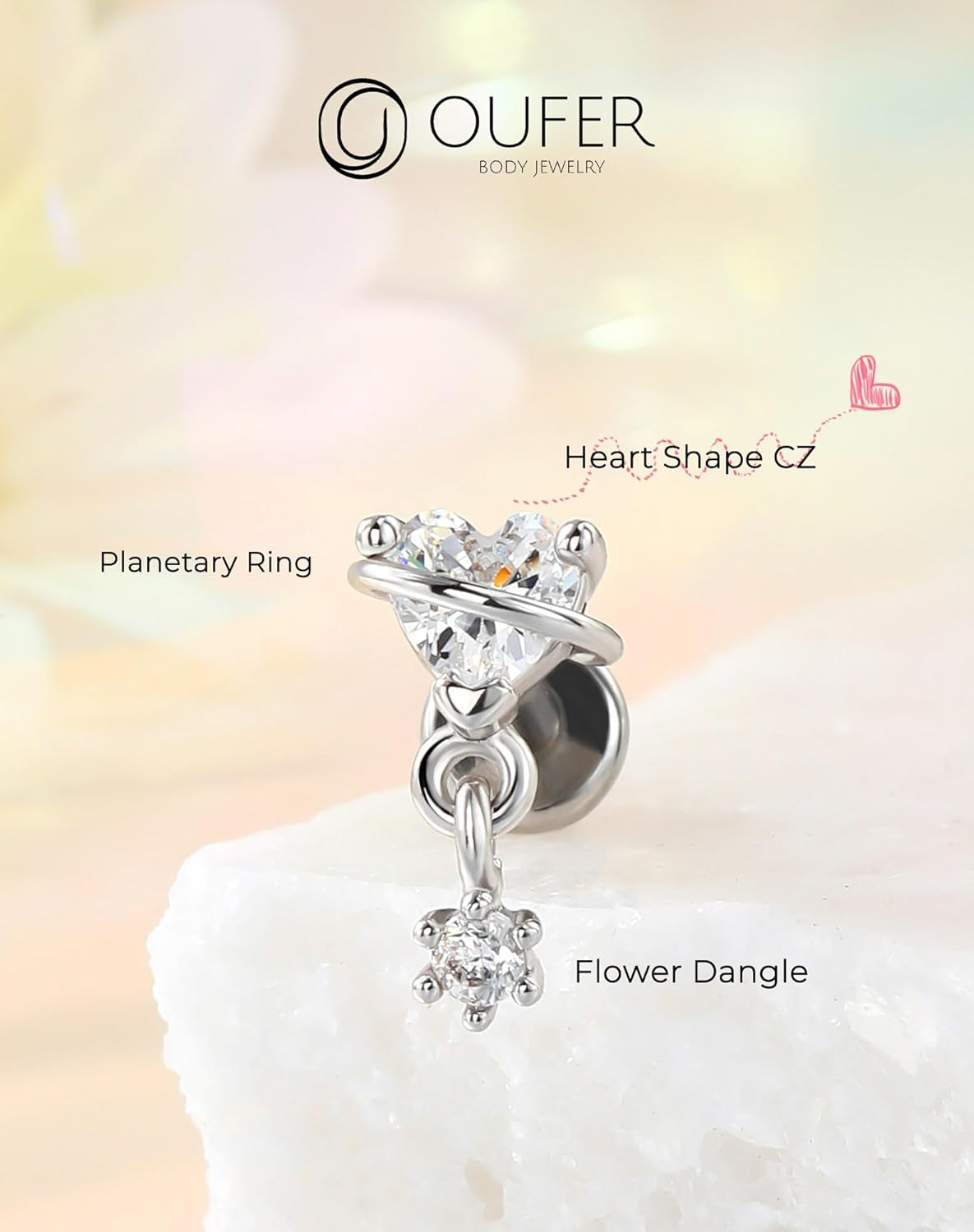 OUFER Heart Planet Helix Piercing Jewelry, 16G Internally Threaded Flat Back Piercings Silver Helix Cartilage Tragus Conch Piercing Jewelry for Women Men-6Mm