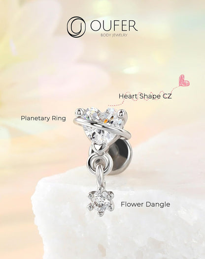 OUFER Heart Planet Helix Piercing Jewelry, 16G Internally Threaded Flat Back Piercings Silver Helix Cartilage Tragus Conch Piercing Jewelry for Women Men-6Mm