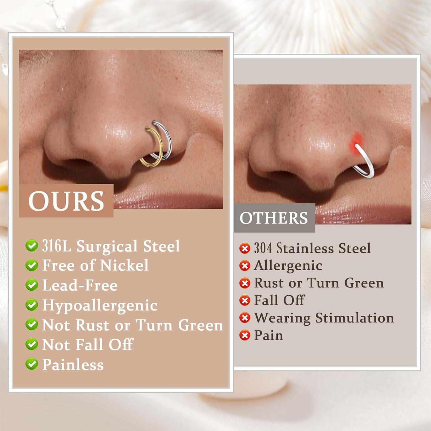 Hypoallergenic Nose Rings Hoops Set for Women Men: 8Pcs 18G Gold/Silver 316L Surgical Stainless Steel Nose Hoops Hinged Clicker Septum Rings for Nose Cartilage Body Piercing Jewelry 6Mm 8Mm 10Mm 12Mm
