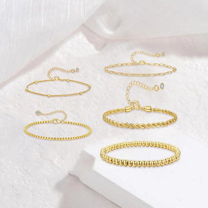 5Pcs Gold Bracelets for Women Trendy,Dainty 14K Real Gold Plated Jewelry Sets for Women,Waterproof,Thin Small Cute Chain Bracelets,Fashion Accessories Jewelry Gifts for Women Adjustable 7"+2"