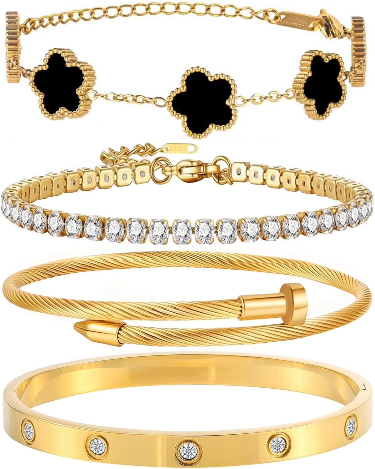 18K Gold Plated Nail Love Bangle Bracelet Set for Women Stackable Floral Clover Adjustable Tennis Bracelet Non Tarnish Gift Jewelry for Christmas Valentines Birthday Mother'S Day