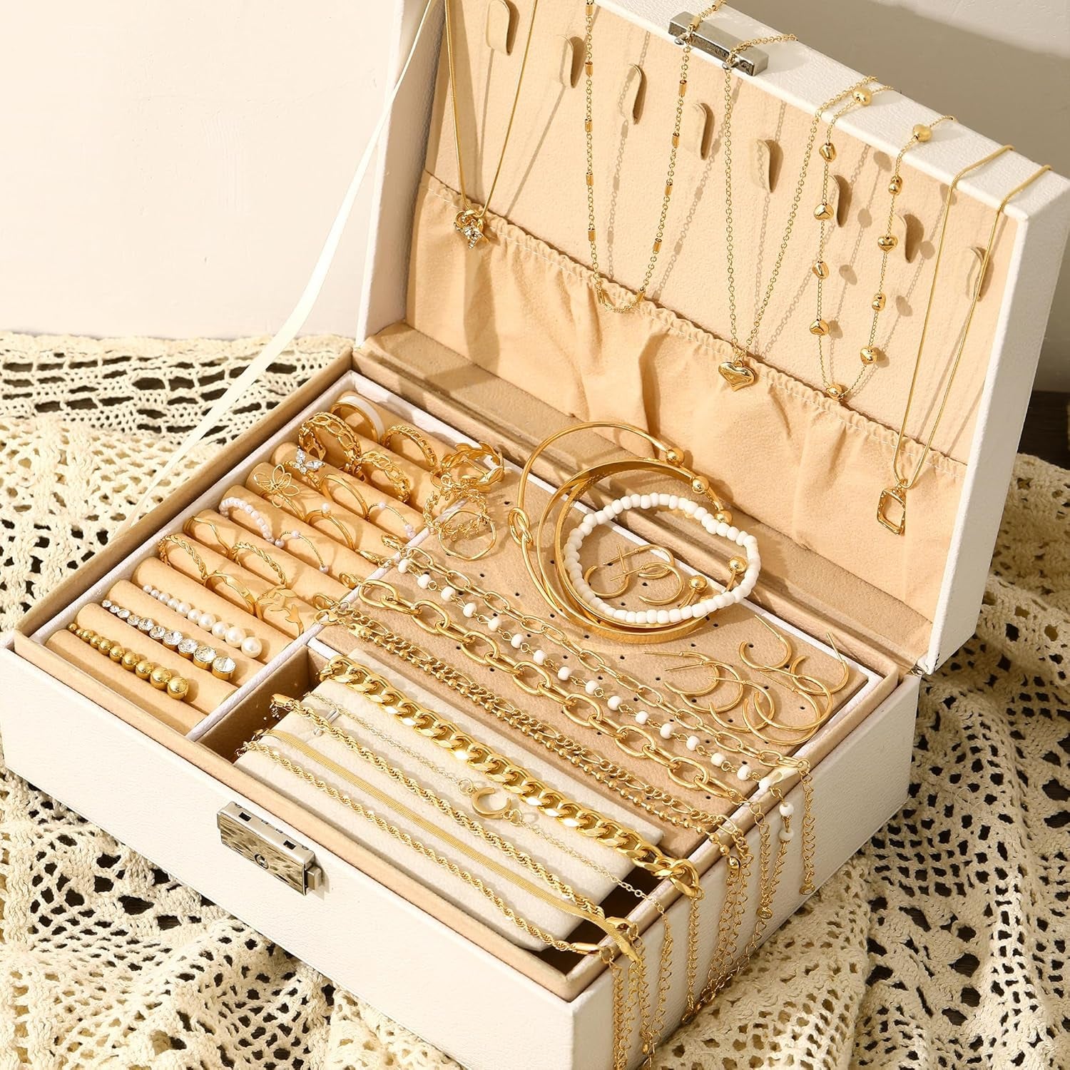 Close-up of gold chain necklaces from complete jewelry set