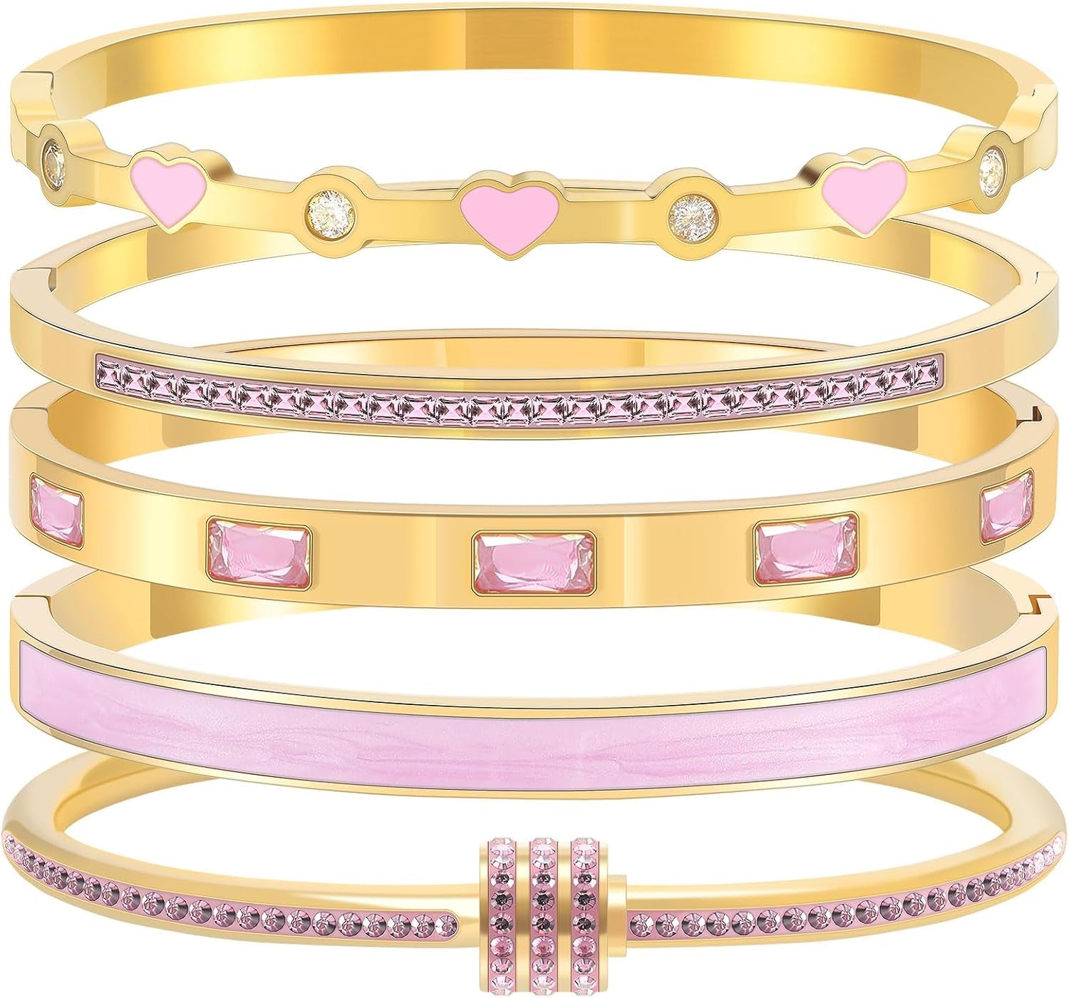 Pink Heart Bangle Bracelets for Women - 18K Gold Plated Stackable Stainless Steel, Friendship & Love Jewelry Gift for Her