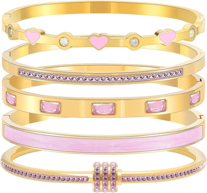 Pink Heart Bangle Bracelets for Women - 18K Gold Plated Stackable Stainless Steel, Friendship & Love Jewelry Gift for Her