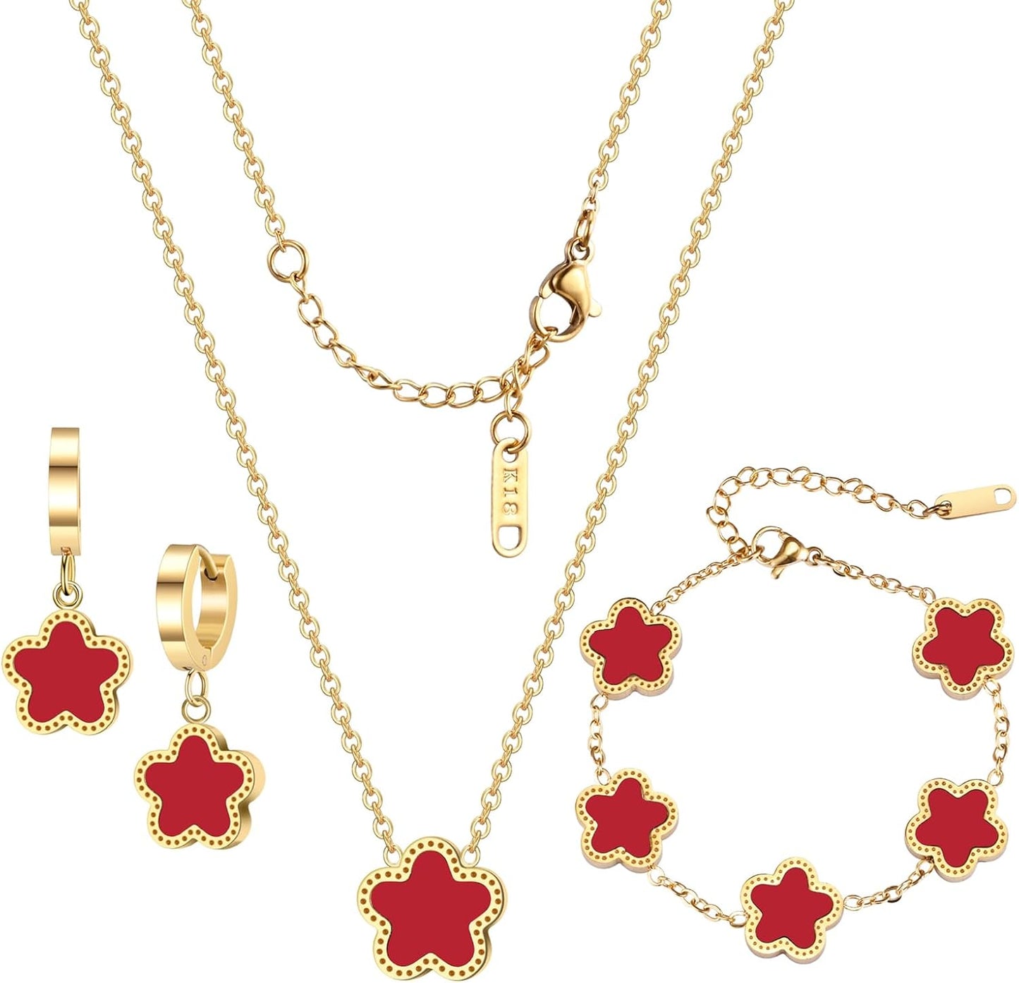 Lucky Clover Jewelry Set 18K Gold Plated Five Leaf Clover Necklace Bracelet Earrings Set Flower Jewelry Sets Birthday Gifts for Women