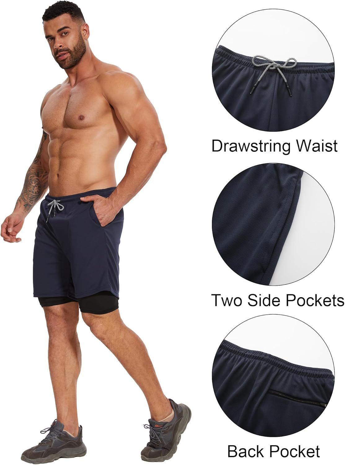 Flat lay of 4-pack men's sports shorts bundle in various colors
