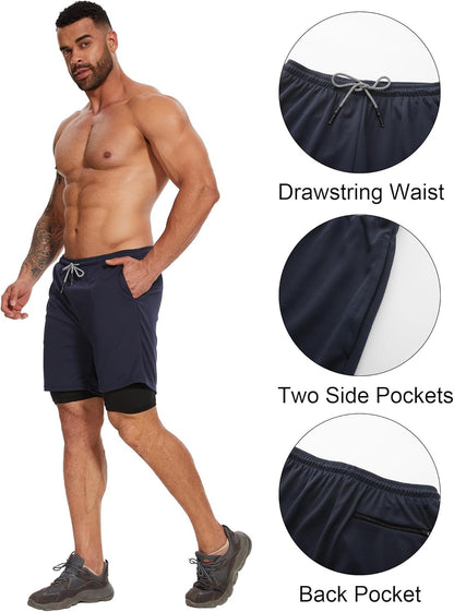 Flat lay of 4-pack men's sports shorts bundle in various colors