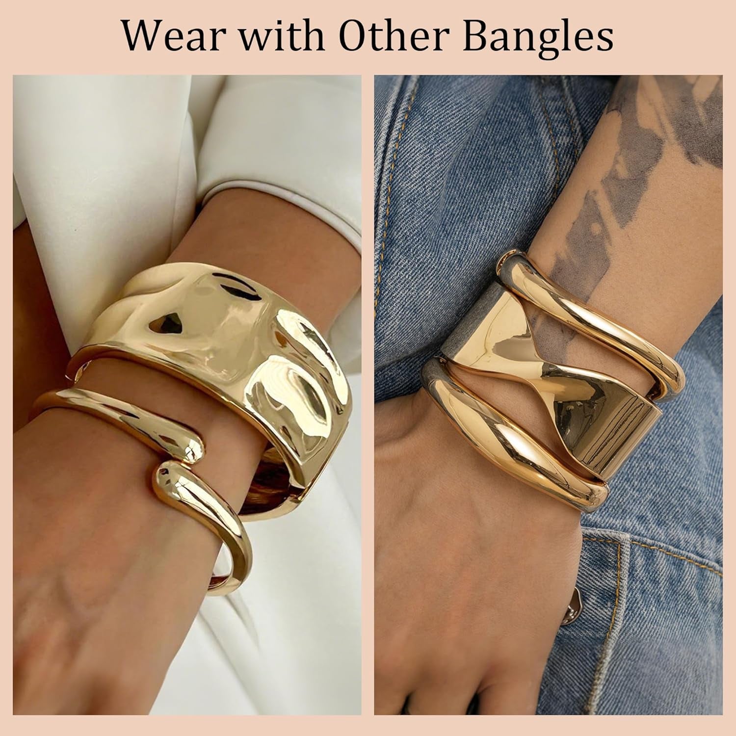 Gold Chunky Bracelet for Women, 14K Gold Plated Gold Bangle Bracelet Silver Chunky Bangles Bead Bracelets Gold Sack Gold Arm Cuff Pearl Jewelry Set Arm Cuff Jewelry