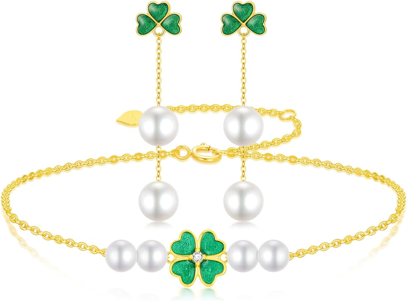 SISGEM 14K Gold Pearl Four Clover Bracelet and Earrings for Women, Lucky Jewekry Gifts for Her