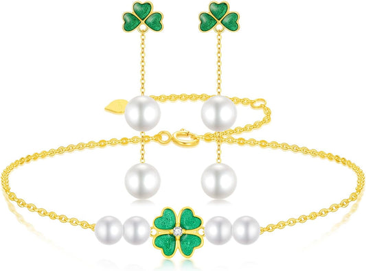 SISGEM 14K Gold Pearl Four Clover Bracelet and Earrings for Women, Lucky Jewekry Gifts for Her