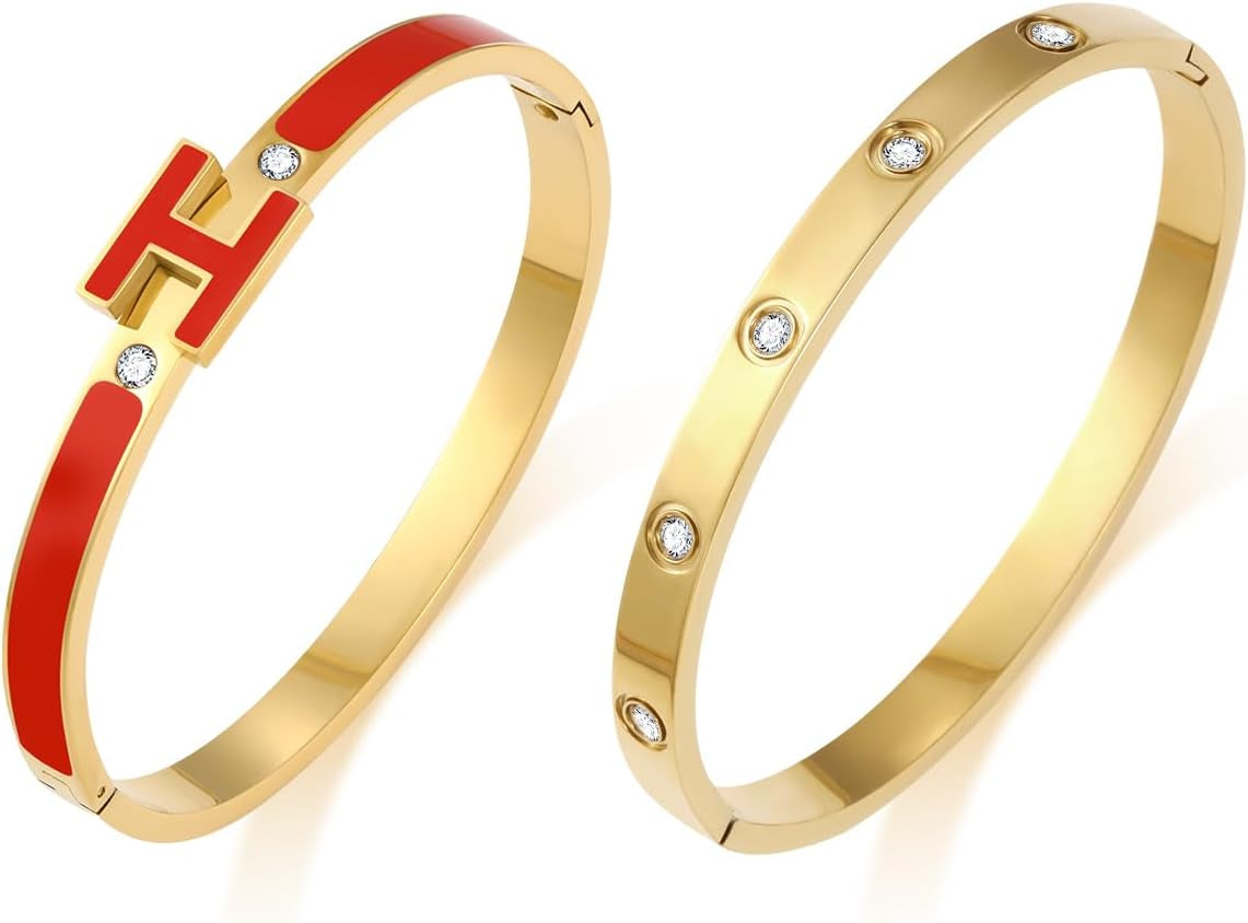 H Bracelets for Women 18K Gold Plated Bangle Bracelet Stack Cubic Zirconia Love Bangle Bracelets Set Gold Bracelet Stackable Trendy Jewelry Birthdays Christmas Gifts for Women