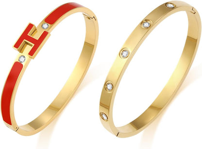 H Bracelets for Women 18K Gold Plated Bangle Bracelet Stack Cubic Zirconia Love Bangle Bracelets Set Gold Bracelet Stackable Trendy Jewelry Birthdays Christmas Gifts for Women