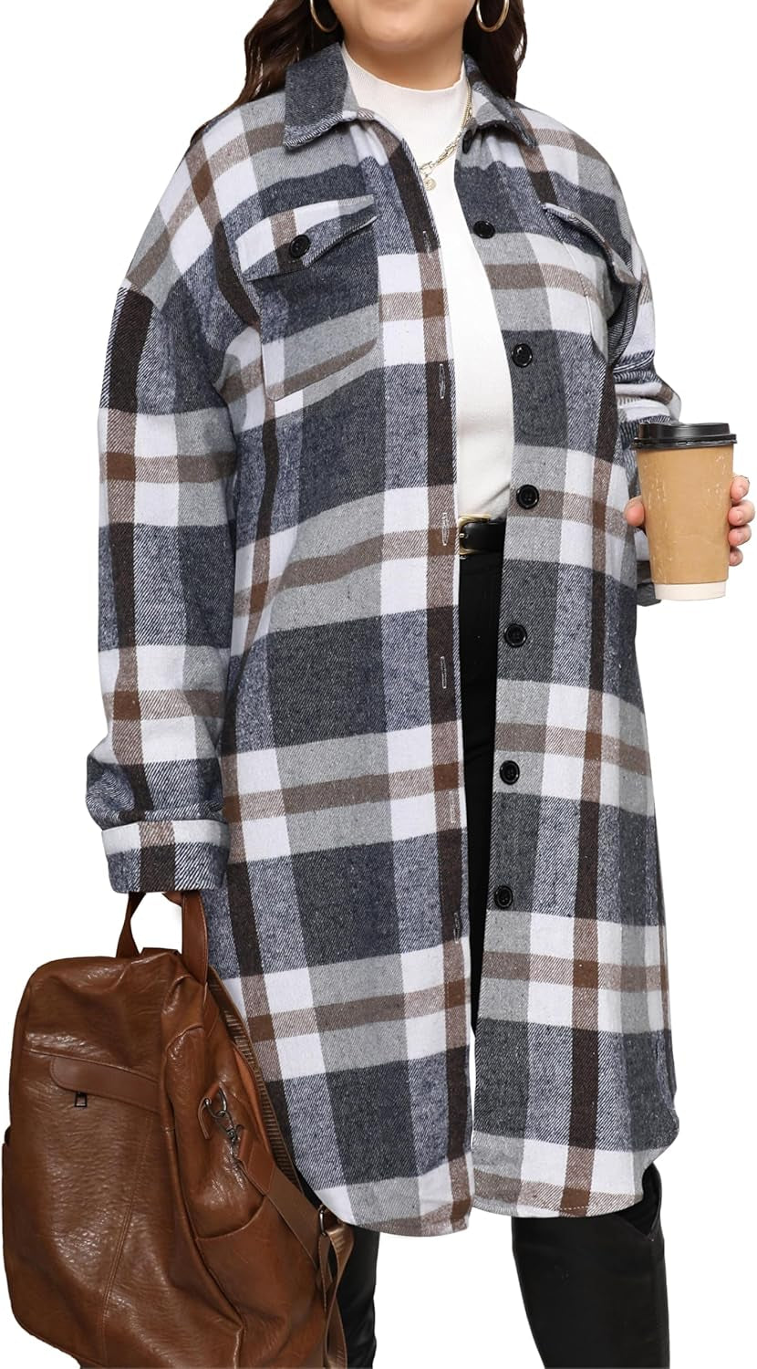 Fashion-forward plus size model wearing tartan flannel shacket