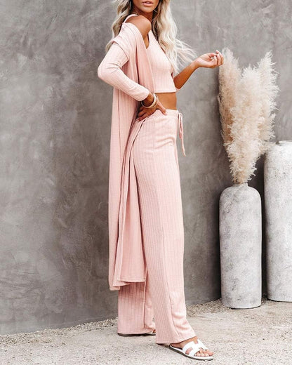 Fessceruna Womens 3 Piece Lounge Sets Pajamas Knit Long Sleeve Cardigan Crop Top Wide Leg Pants Loungewear Set