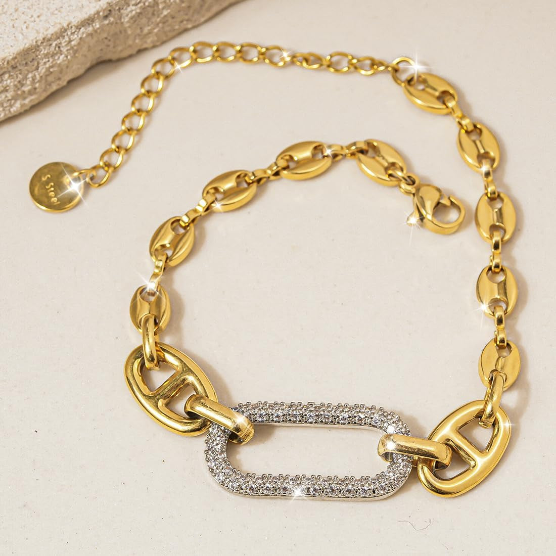 18K Gold Bracelets for Women, Adjustable Waterproof Non-Tarnish Titanium Chain with Pavé AAA+ CZ Accent, Dainty Gold Plated Paperclip Bracelet Jewelry Christmas Gifts