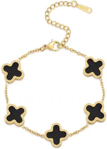 18K Gold Clover Lucky Bracelet – Double-Sided Pearl Flower Charms, Reversible Design, Adjustable Trendy Jewelry Gift for Women