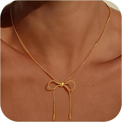 Gold Bow Necklace for Women - 18K Gold Plated Dainty Gold Necklace Cute Small Tiny Bow Pendant Choker Chain Necklaces Trendy Necklaces for Women Gold Jewelry Gift