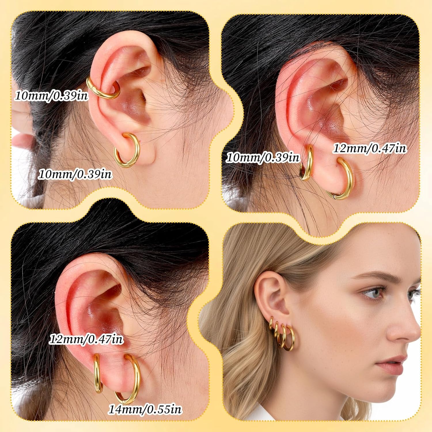 10PCS Clip on Earrings, Non Piercing Fake Earring Stainless Steel Clip on Hoop Earrings for Women Men 8Mm 10Mm 12Mm 14Mm 16Mm
