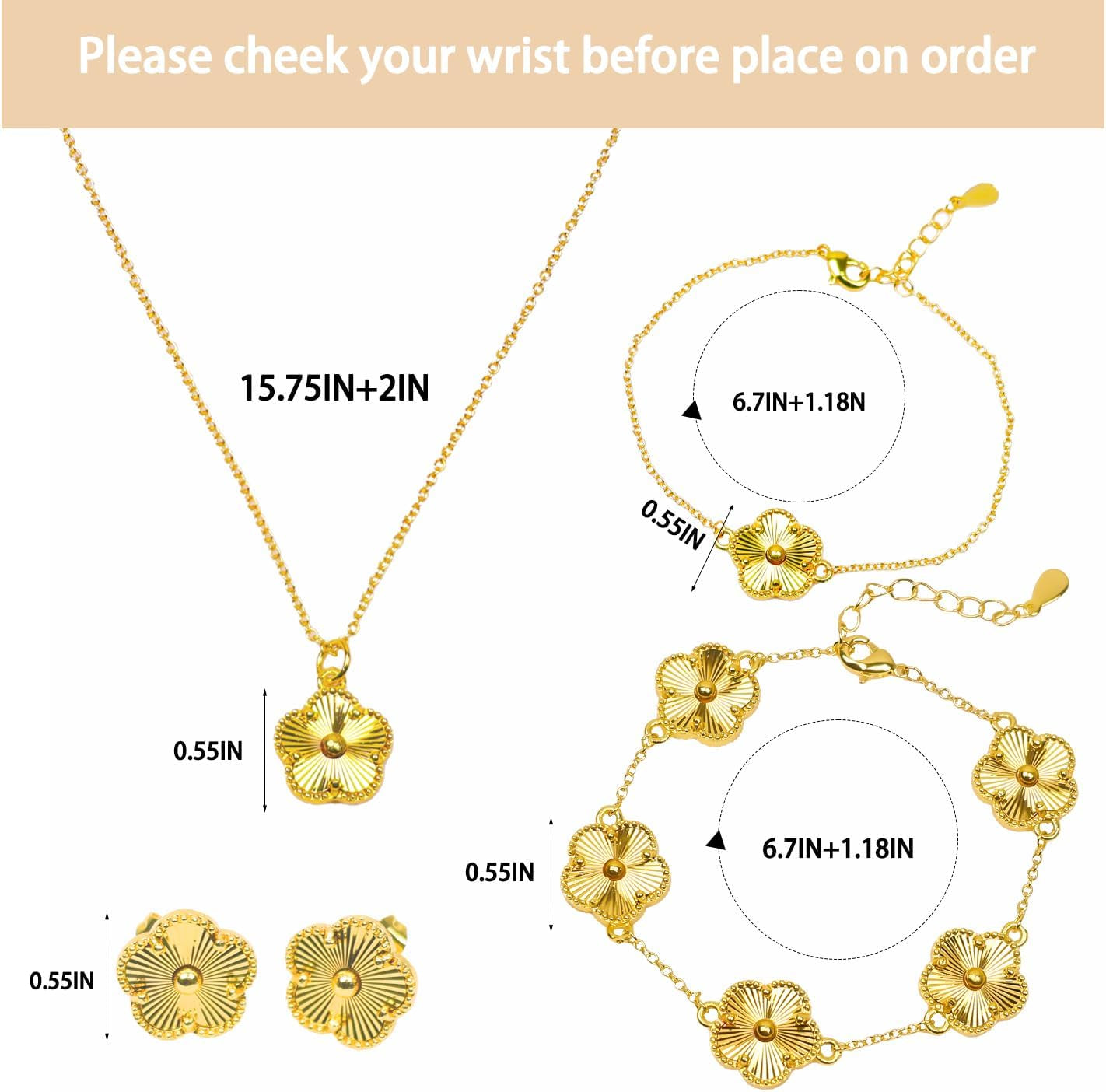 Freinit 4Pcs Gold Necklace Earrings Bracelet Set, 18K Gold Plated Flower Jewelry Set Floral Pendant Stud Gold Jewelry Sets for Women,Christmas Birthday Lucky Gift for Mom Wife Daughter GF