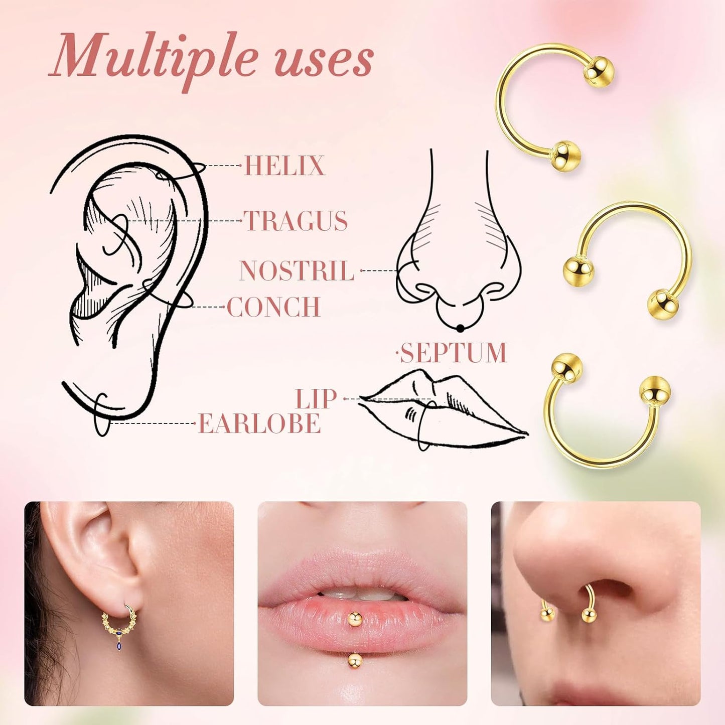 8Pcs Septum Rings 16G Surgical Steel Nose Rings Hoops Septum Clicker Daith Piercing Jewelry Silver Butterfly CZ Horseshoe Nose Lip Ring for Women Men 8MM 10MM