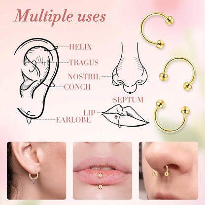 8Pcs Septum Rings 16G Surgical Steel Nose Rings Hoops Septum Clicker Daith Piercing Jewelry Silver Butterfly CZ Horseshoe Nose Lip Ring for Women Men 8MM 10MM