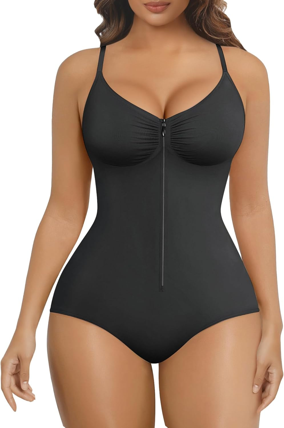 SHAPERX women's zip-up shapewear bodysuit front view