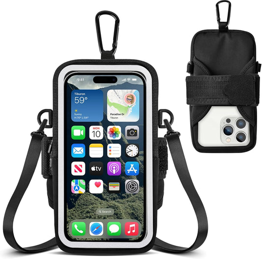 Clear crossbody phone pouch with adjustable strap and carabiner attachment