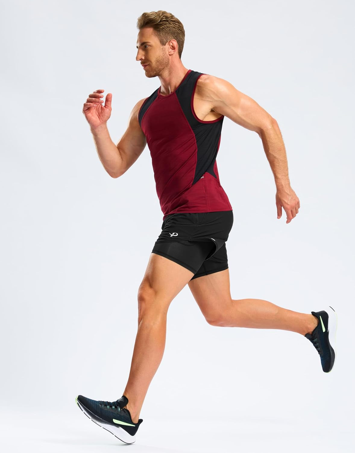 Side view of 5 inch inseam athletic shorts