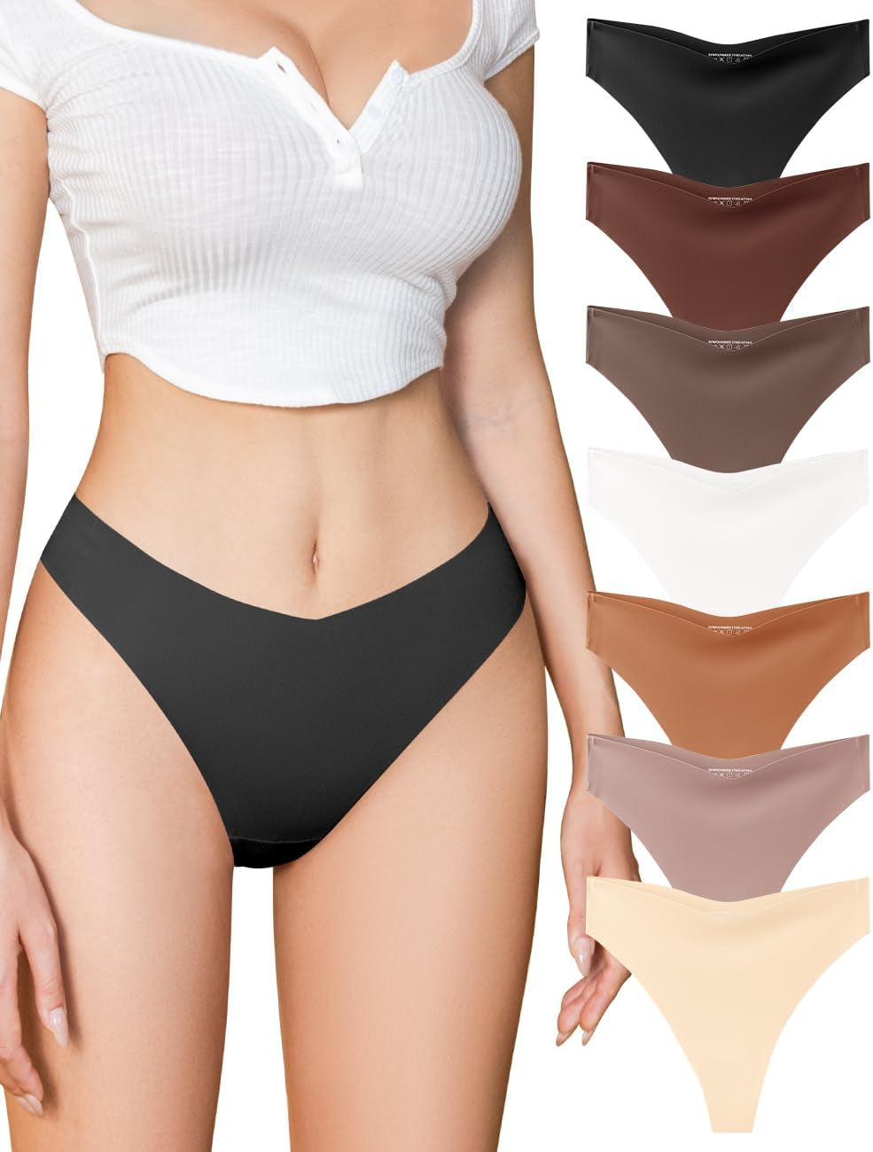 Seamless thong women cotton sewn gusset mid waist V-shaped no show