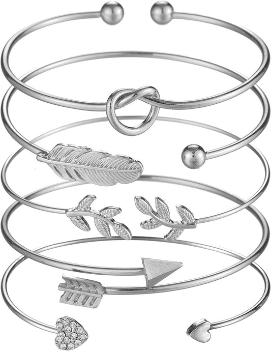 Softones 5Pcs Bangle Rose Gold Bracelets for Women Heart|Olive Leaf|Arrow|Feather|Knot Heart Open Cuff Bracelet Set Adjustable