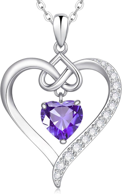 Heart Birthstone Pendant Necklaces for Women - Dainty 925 Sterling Silver Necklace 12 Month Birthstone Jewelry Birthday Anniversary Christmas Jewelry Gifts for Girlfriend Mom Daughter Lady Her